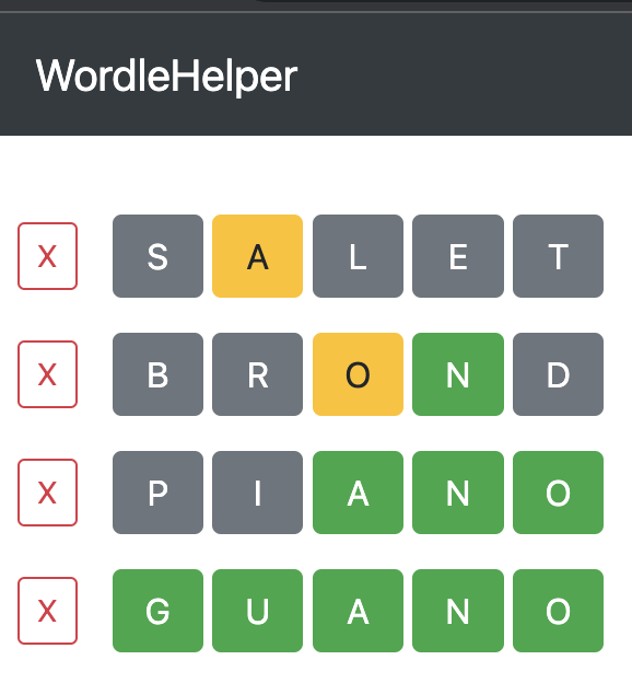 Wordle Helper showing four guesses, ending in GUANO